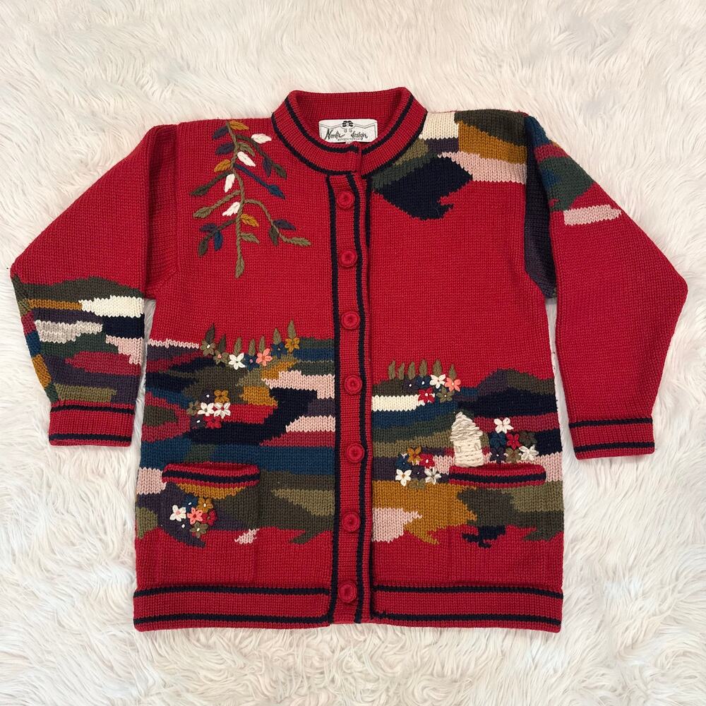 Vintage Nordic Design Wool Chunky Knit Cardigan 80s/ 90s Floral Embroidered